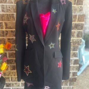 Cinq à Sept Black Blazer & skirt with Multicolor Star Accents